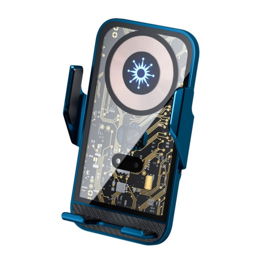 Blue car phone wireless charger stand with circular infrared sensor and side clamp grips