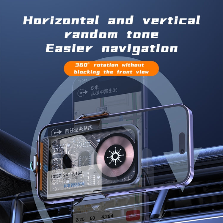 Transparent Type-C wireless car charger stand with rotating mount and phone.