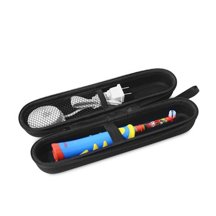 Black zippered travel case with elastic slots and mesh pocket for toothbrush heads