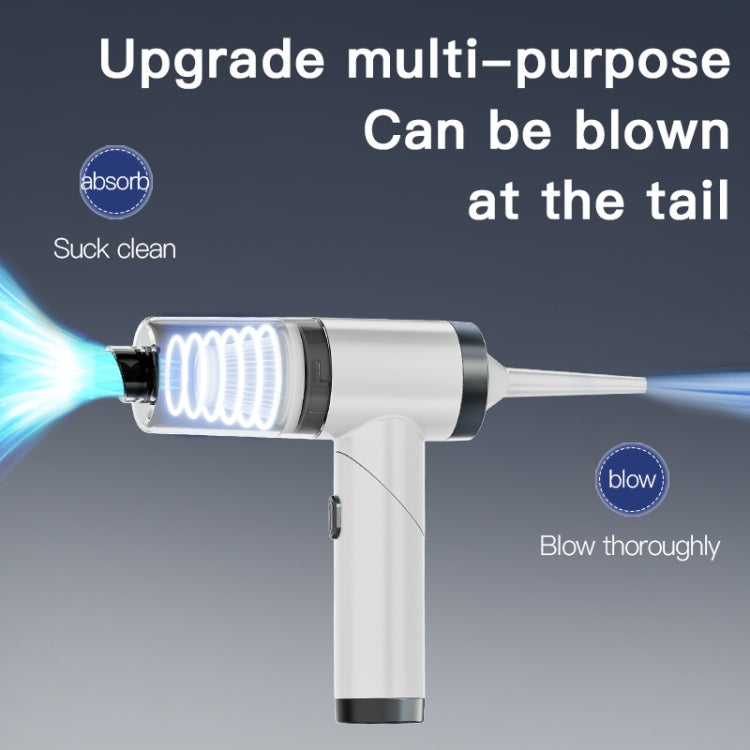 White handheld vacuum cleaner with nozzle outlet and rear air-blow vent