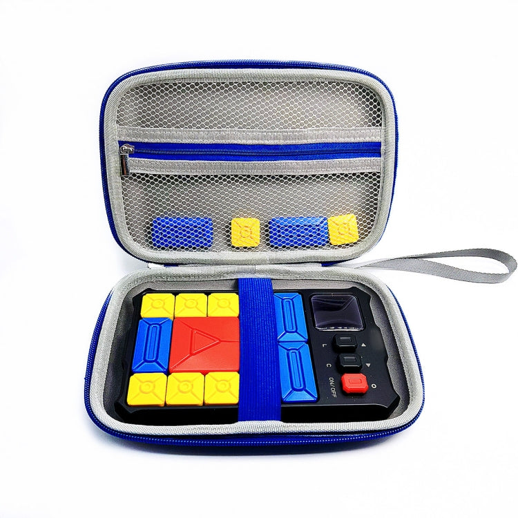 Open building block storage bag with colorful pieces and compartments inside