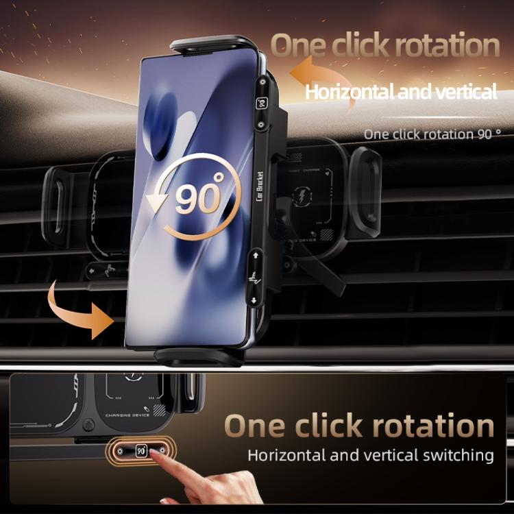 Rotating phone wireless charger stand with one-click 90-degree rotation for car vent mount