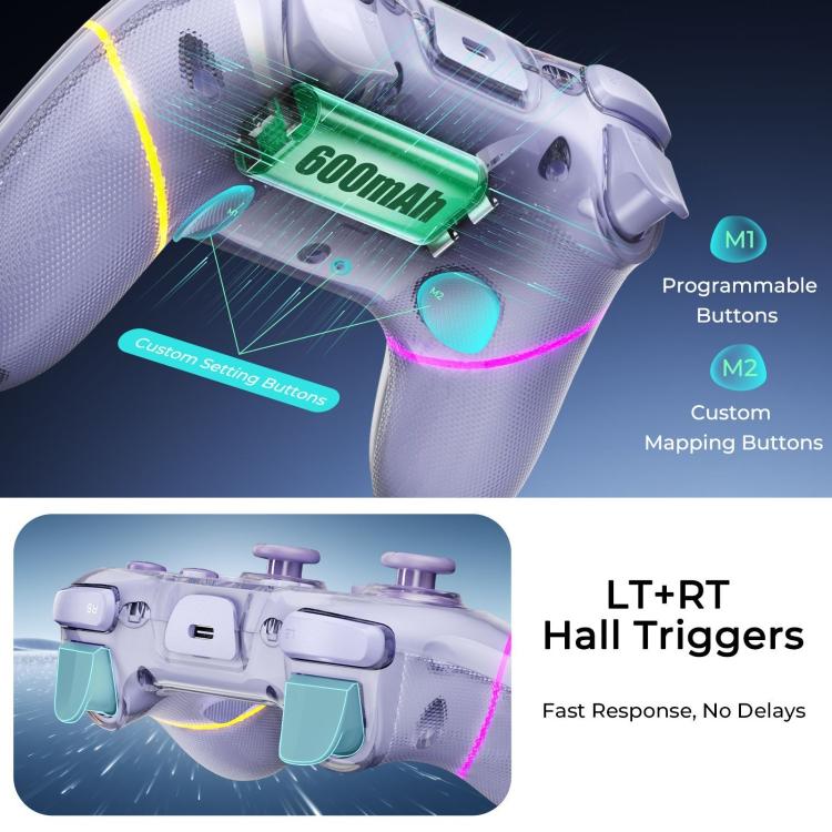 Lilac controller showing LT+RT hall triggers and custom programmable buttons