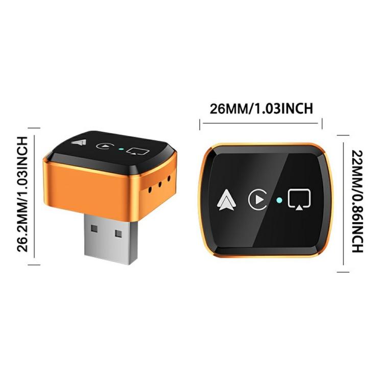 Compact orange and black wireless mirroring adapter with front and side views