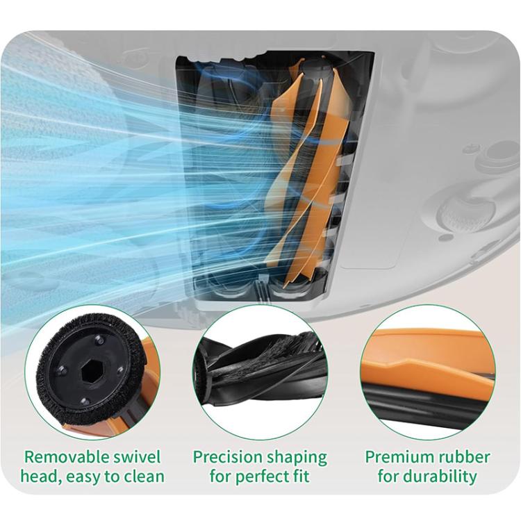 Main roller brush details: removable swivel head, shaped bristles, durable rubber
