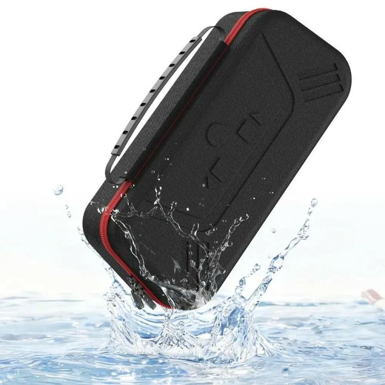 Black EVA shockproof case with red zipper trim, covered in water droplets for splash protection.