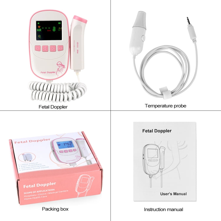 Fetal doppler kit with monitor, temperature probe, packing box and instruction manual