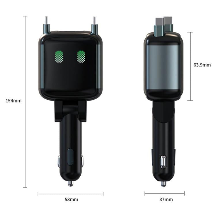 Black car charger size diagram with green LED indicator lights and retractable cables