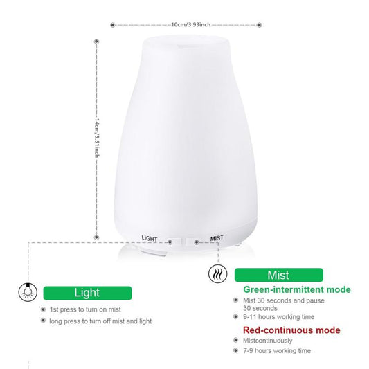 Essential oil diffuser with top view and control panel, showing light and mist modes