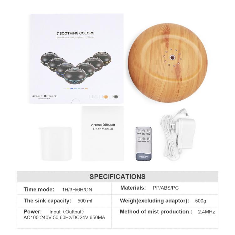 500ml Aromatherapy Diffuser Large Capacity Ultrasonic Essential Oil Humidifier with 7 Colors LED Lights, UK Plug, US Plug, AU Plug, EU Plug