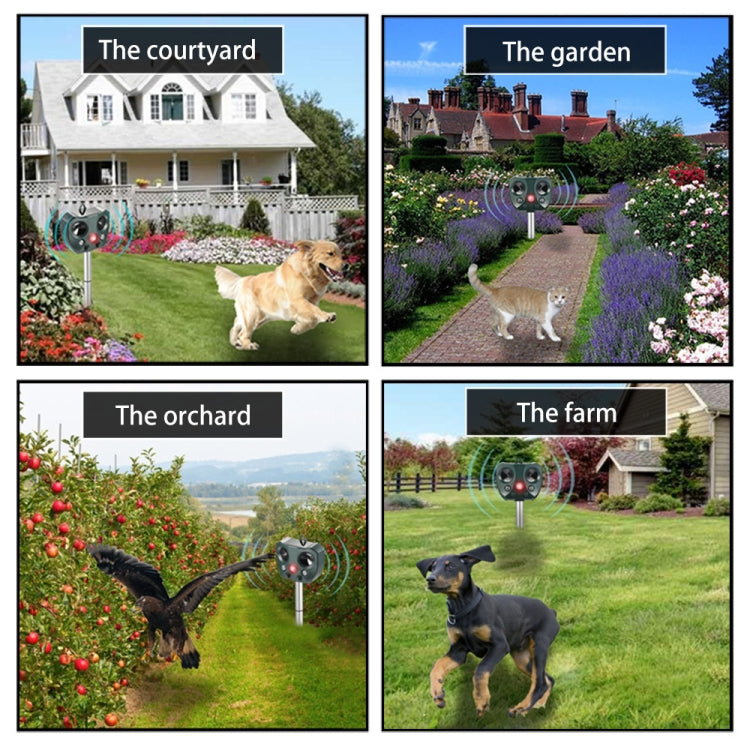Solar ultrasonic animal repeller shown in garden yard, yard stake unit on ground