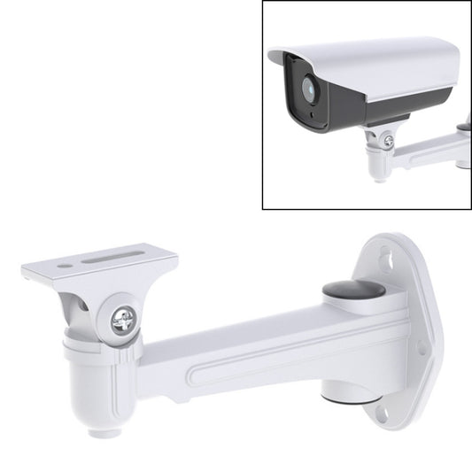 Aluminum wall-mount bracket for bullet security cameras, metallic silver with plate