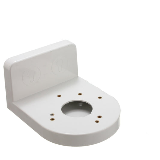 White plastic L-type right angle wall mount bracket with central camera mount opening