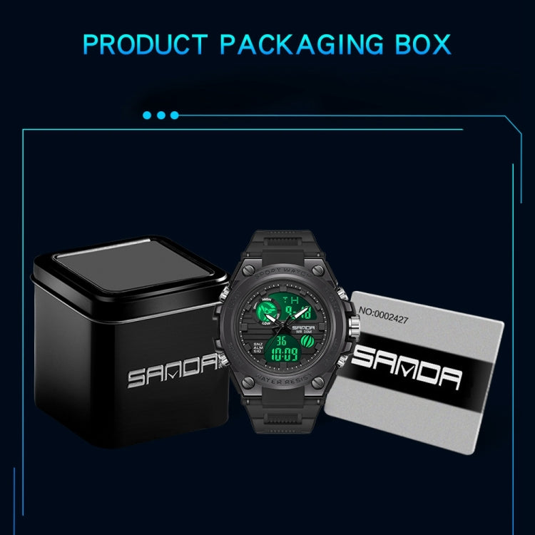 Digital sports watch with box packaging and branded label card, black strap and dial