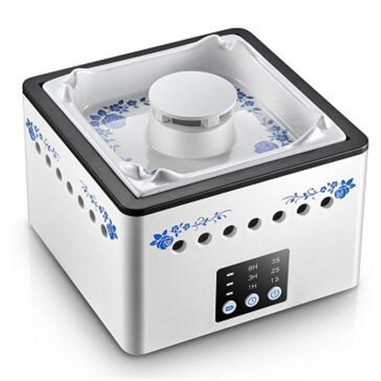 White desktop air purifier with blue floral tray accents and control panel