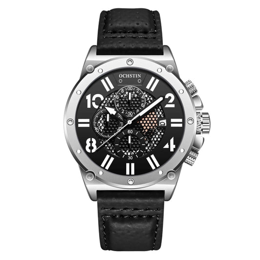 Silver-tone sports quartz watch with black leather strap and black dial with subdials.