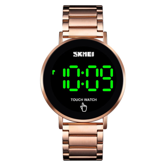 Rose gold men’s LED touch watch with stainless-steel link band and green digital display