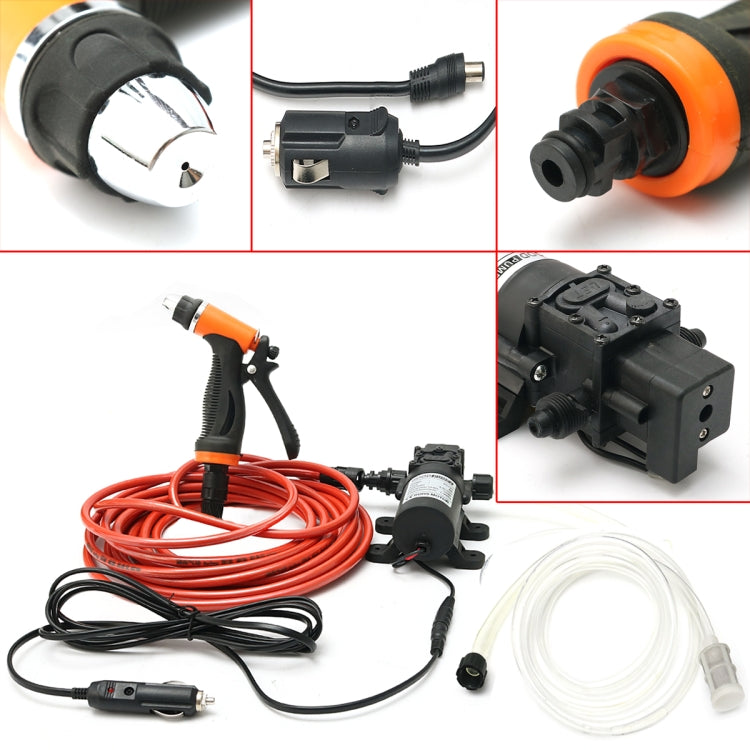 Portable car washer pump kit set with hoses, spray gun, and 12V power leads