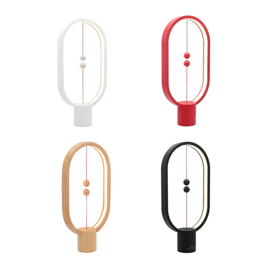 Set of oval LED night lights in white, red, wood, and black with hanging bulb LEDs
