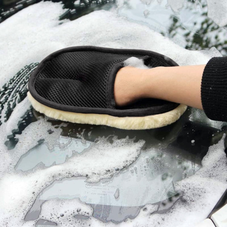 Black soft car washing glove with cream wool liner and mesh palm