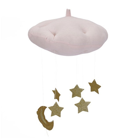Cloud-shaped baby ceiling mobile with pink fabric and gold moon and star charms
