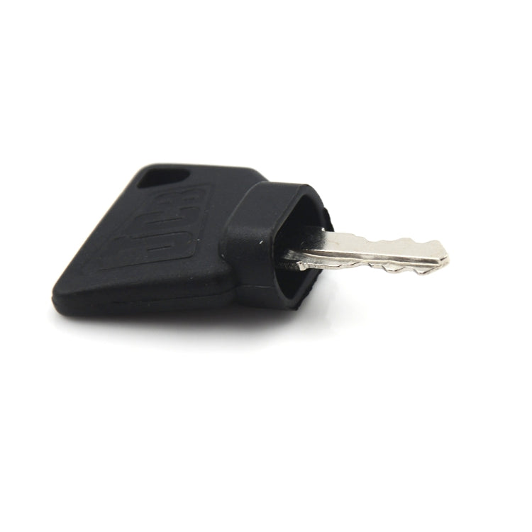 JCB digger ignition key with black fob housing and metal blade side view