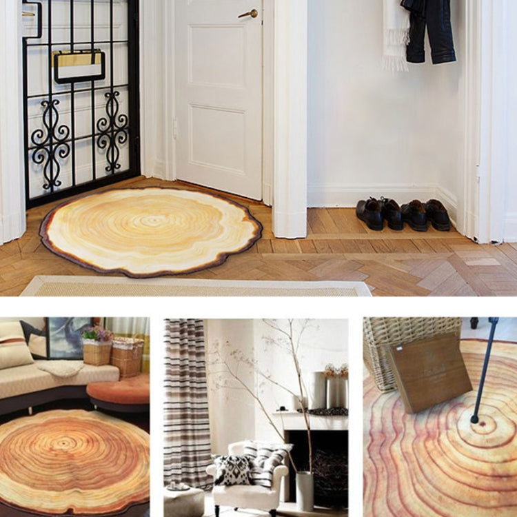 Round wood-grain patterned rug on floor in an entryway, shown in multiple angles