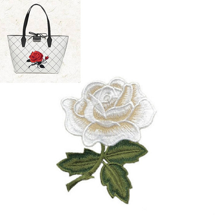 Rose embroidery patch sticker with white flower and dark green leaves