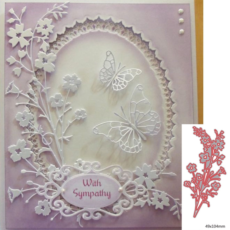 Flower branch cutting die mold on sympathy greeting card, red metal outline