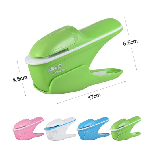 Green handheld mini stapleless paper binder stapler, compact body with open tray