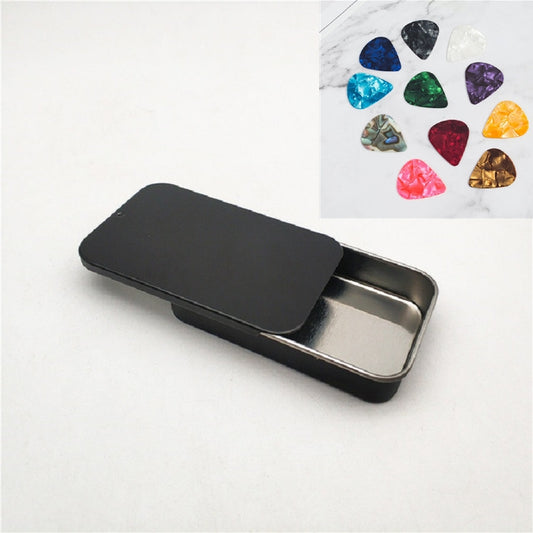 Black guitar pick storage case, slide-open compartment visible