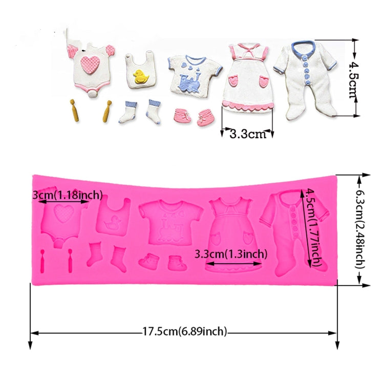 Pink silicone mold for baby clothes shapes, multiple outfit cavities in one tray