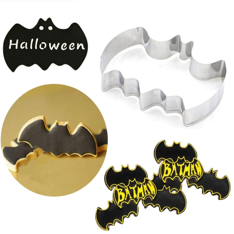 Two stainless steel bat cookie cutters for Halloween baking, silver metal