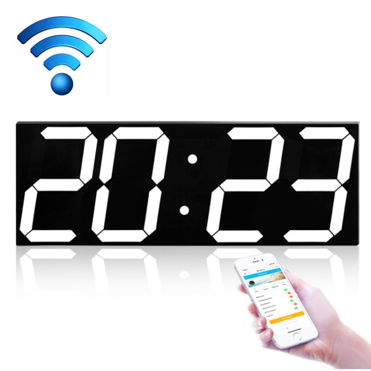 WiFi LED digital wall clock with white numbers on black segmented panel