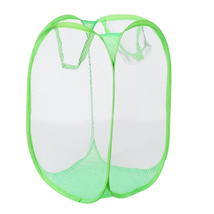Green mesh pop-up laundry hamper bag with rounded twin compartments and foldable frame.
