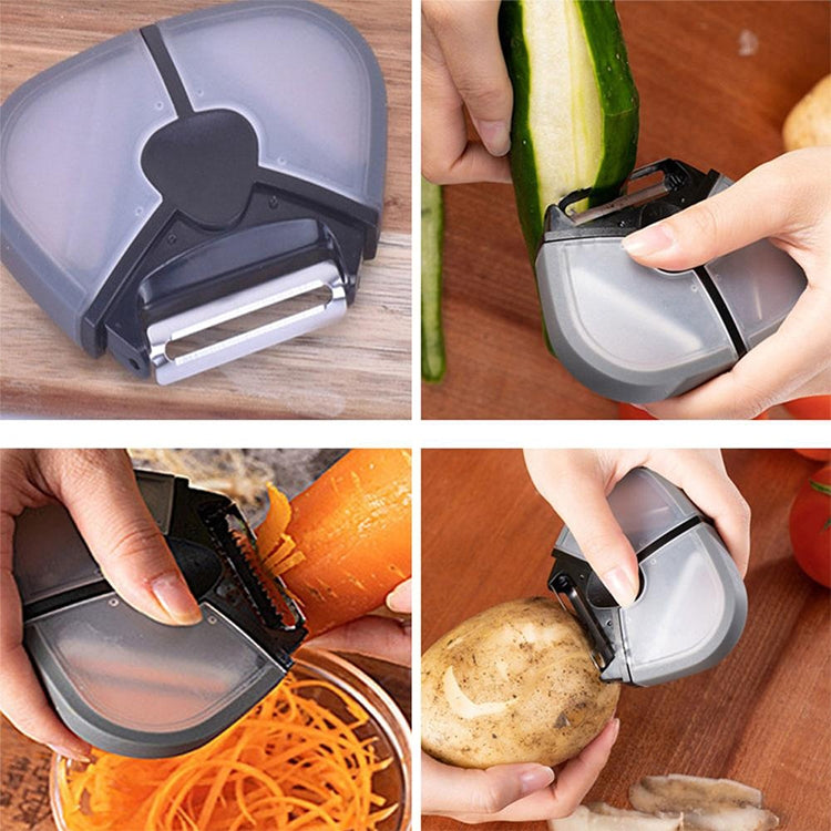 3-in-1 peeler grater showing blade insert during potato and carrot prep