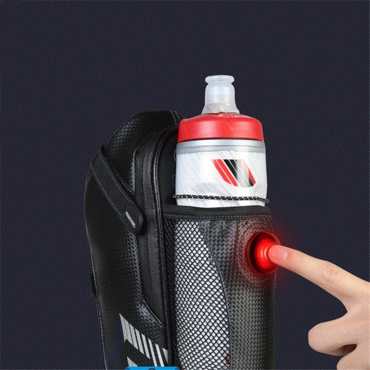 Waterproof bicycle tail bag with mesh bottle sleeve and removable red cap