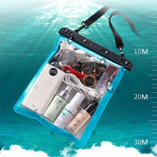 Blue transparent waterproof single-shoulder bag with clear window and black handle strap