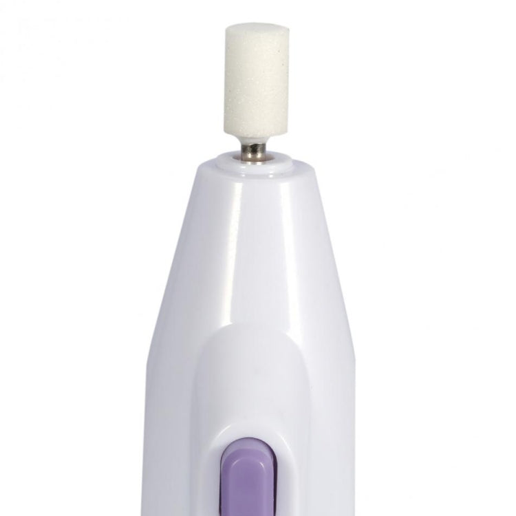 Electric nail file drill base with purple control button and white housing