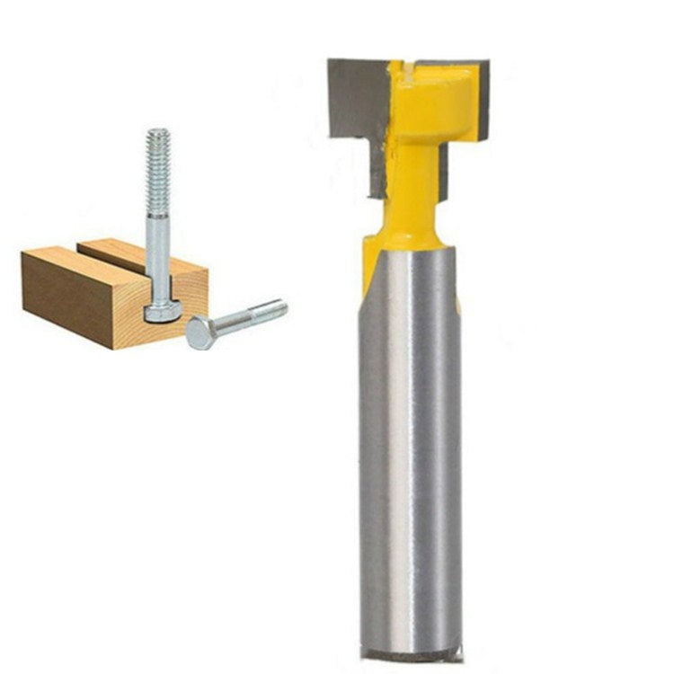 Keyhole wood milling cutter with yellow guide and silver shank for photo frame slots