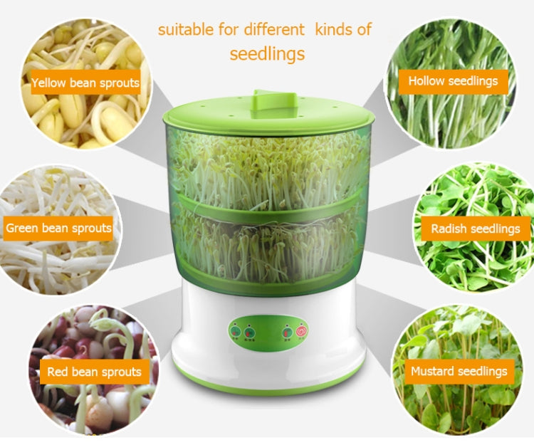 Green automatic sprout maker with clear chamber and seedling icons around it