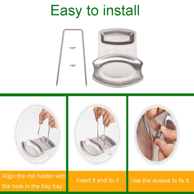 Stainless steel drainer tray installation kit with rods, base, and screws