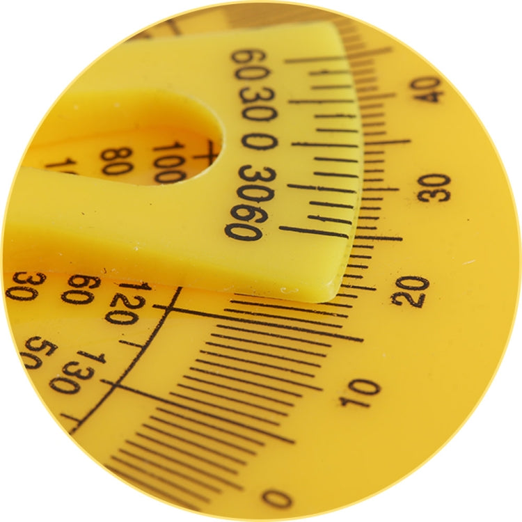 Close-up of yellow protractor scale with black measurement lines and degree numbers
