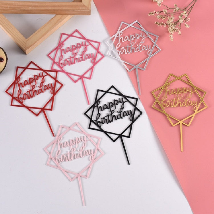Set of acrylic Happy Birthday cake toppers with pink, red, green, and black frames