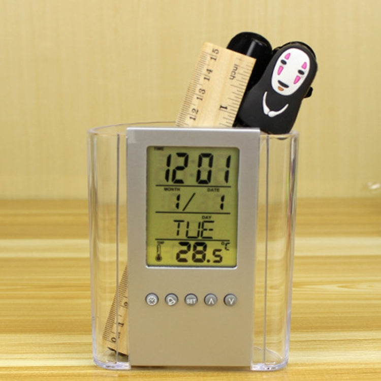 Transparent desk clock pencil holder with LCD time, temperature, and date display