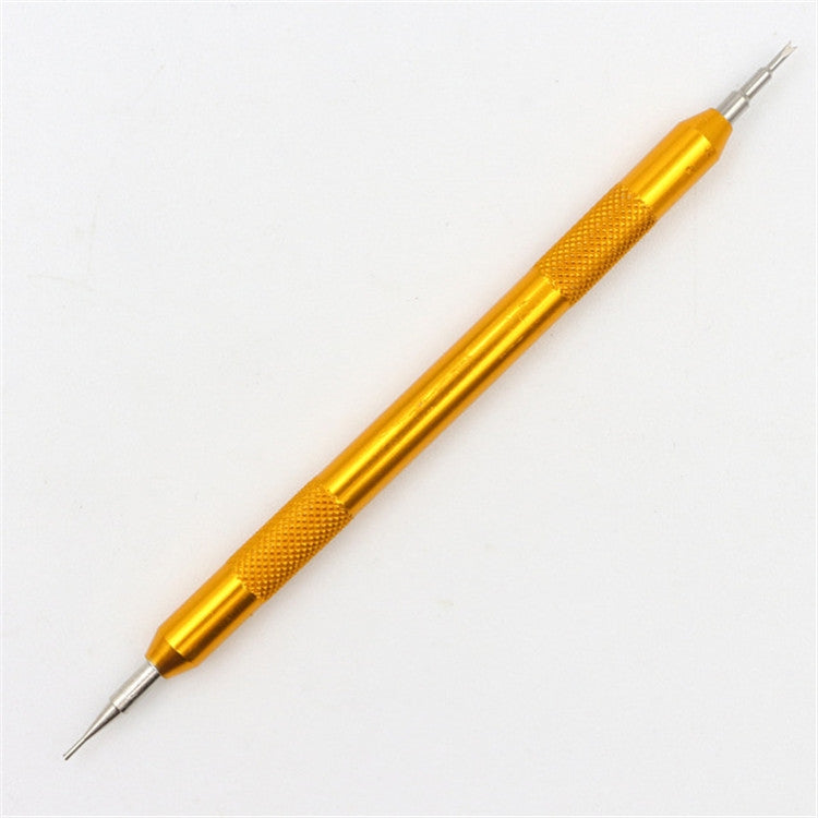 Single gold watch strap repair tool with textured grip and steel needle tip
