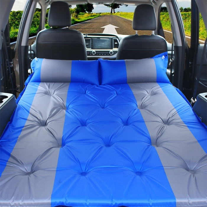 Inflatable SUV car air mattress with blue and light gray striped quilted top