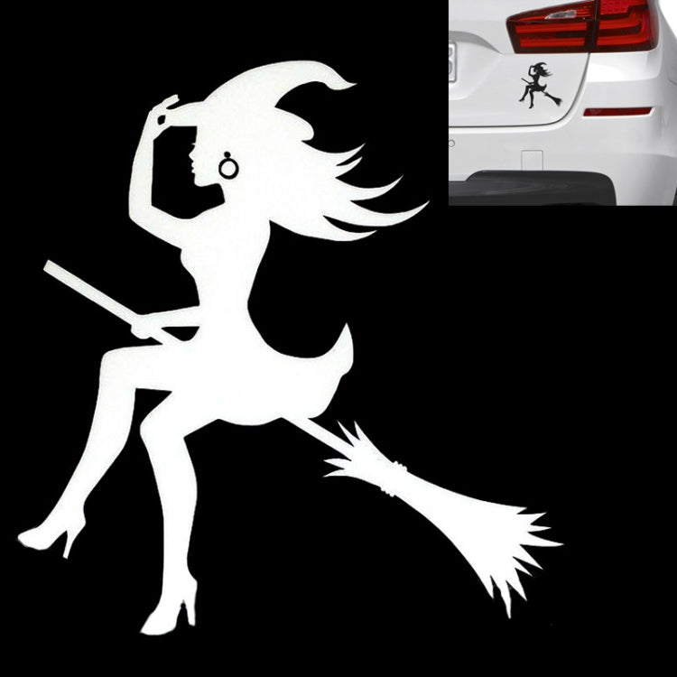 White witch car sticker decal silhouette, holding broom in a flying pose