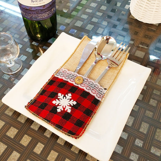 Christmas Knife And Fork Set Christmas Decorations Restaurant Hotel Decoration Checkered, Snowflake, Bowknot