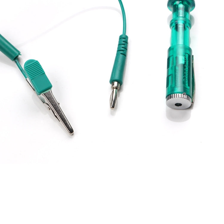 Car test pen leads with alligator clips and pen-style probe with green housing